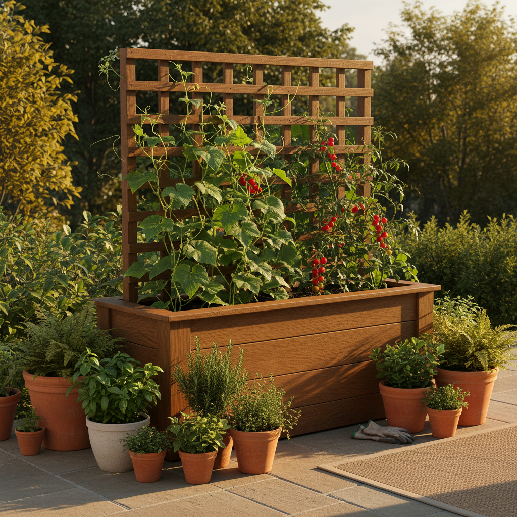 Raised Planter Box with Trellis in Patio Vegetable Growing: Built for Backyard Gardeners, Marketed to Urban Growers
