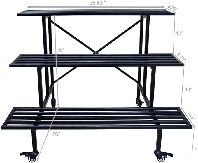 Zhongma 3 Tier Sturdy Metal Plant Stand with Wheels, L35.43 x W26 x H26 inch, Heavy Duty Plant Holder for Home Indoor and Outdoor, 660 LBS Capacity & Heavy Duty Construction