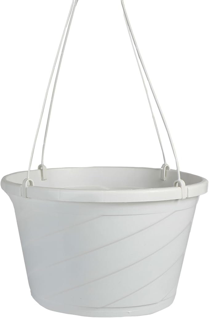 The HC Companies Euro Hanging Basket Planter Decorative 12-Inch Large Plastic Hanging Basket w/Swirl Design for Outdoor Plants, White