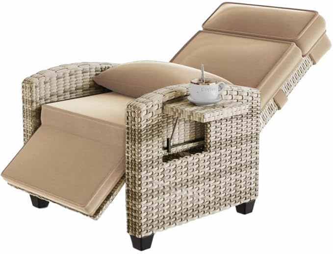 Garvee Outdoor Recliner Chair, 145° Adjustable Backrest & Footrest Lounge Chair with Removable Cushion and Flip-Up Side Table, All-Weather PE Wicker & Steel Frame for Poolside, Deck, Balcony, Khaki
