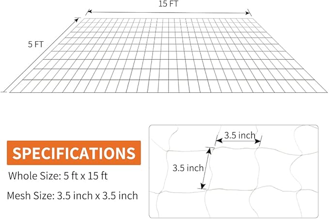 Tcamp Heavy-Duty Polyester Garden Trellis Netting Plant Climbing Net for Growing Vines Plants Vegetables Fruits Flowers, White Grow Tent (5Ft x15Ft, 3.5" Opening Mesh, 1 Pack)