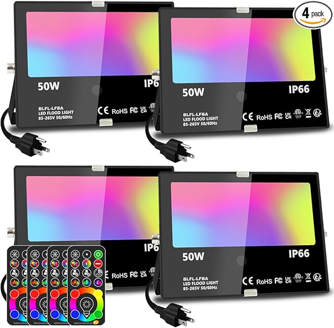 MELPO Led Flood Light 500W Equivalent, RGBW Led Outdoor Lights Colored Floodlight with Remote,50W,5000ML 2700K,120 Colors, Timing, Dimmable, Custom Modes, Landscape Lighting (4 Pack)
