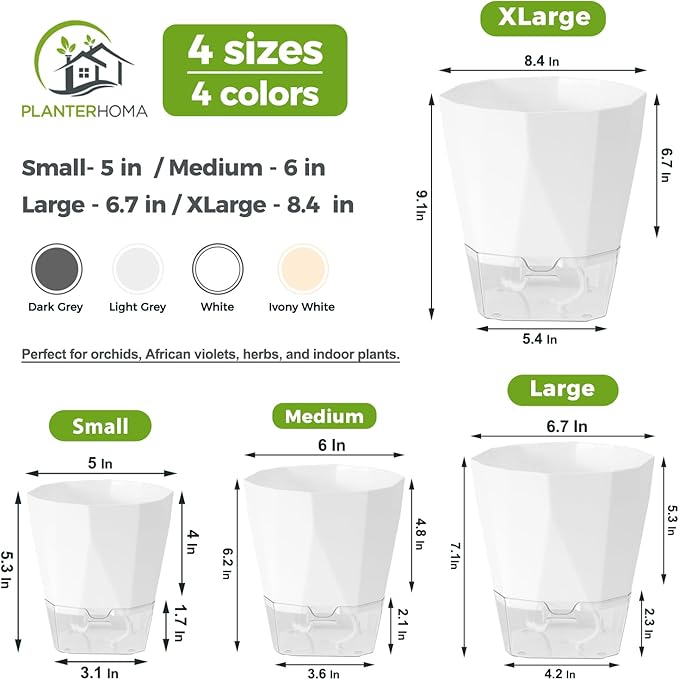 6 Pack Self Watering Plant Pots 6 Inches Self-Watering Planters for Indoor and Outdoor Plants African Violet Succulent Pots Clear Pot for Plants Large Herb Orchid Flower Houseplant Plant, White