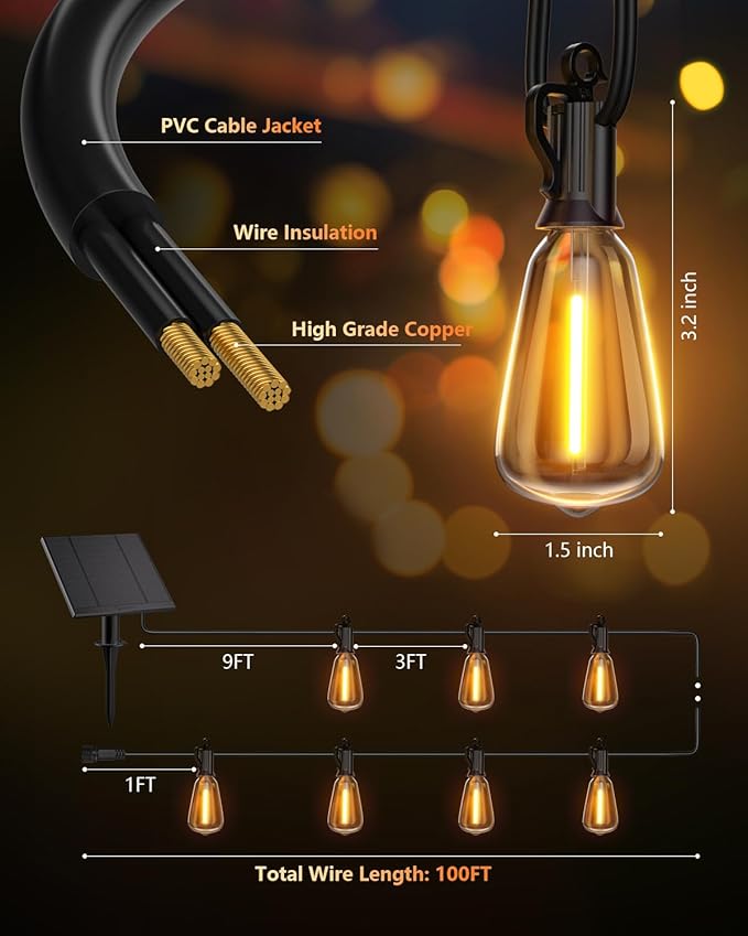 Brightown 100FT Solar String Lights Outdoor Waterproof with Remote, 31+2 LED Shatterproof Bulbs, Dimmable & Timable, 3 Light Modes - Commercial Grade Patio Lights for Garden Backyard Party Decor