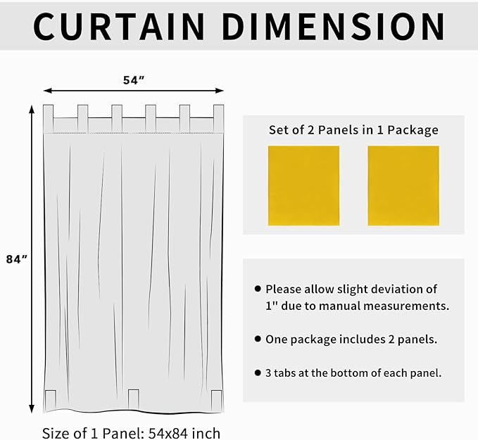 Easy-Going Outdoor Patio Curtains Detachable Tab Top Windproof Weatherproof Curtain for Cabana, Porch, Pergola and Gazebo, Tab Bottom Drape, 2 Panels, 54W x 84L inch, Yellow