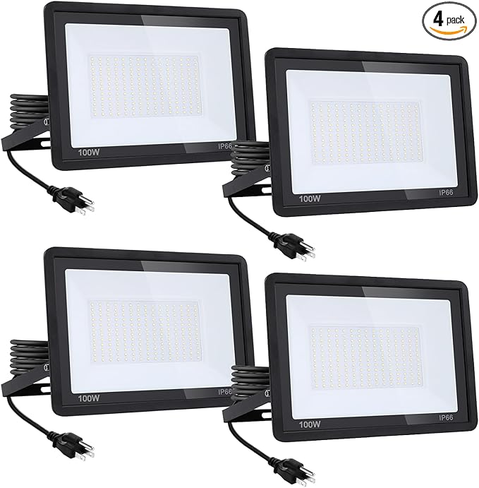 4Pack-100W LED Flood Light Outdoor,11000lm LED Work Light with 6FT US Plug,IP66 Waterproof Exterior Security Lights,6000K Daylight White Outside Floodlights Slim design for Playground Yard Stadium