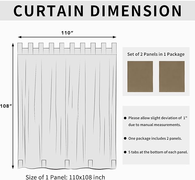 Easy-Going Outdoor Patio Curtains Detachable Tab Top Windproof Weatherproof Curtain for Cabana, Porch, Pergola and Gazebo, Tab Bottom Drape, 2 Panels, 110W x 108L inch, Khaki