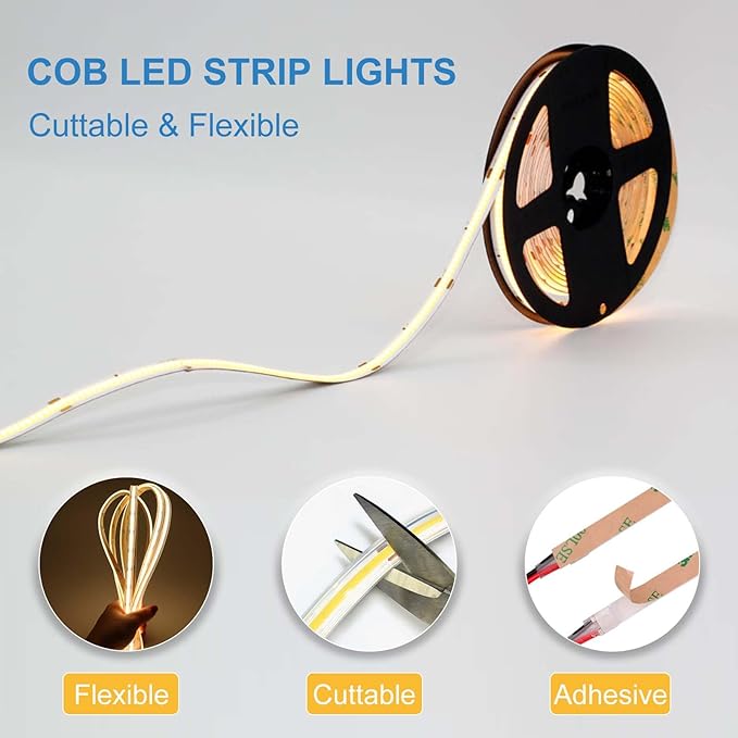 COB LED Strip Lights Waterproof IP67 DC24v Warm White 3000K 16.4ft/5m High CRI 92Ra+ Outdoor LED Tape Lighting DIY Cuttable for Bedroom Kitchen Cabinet Shelf (Power Supply Not Included)