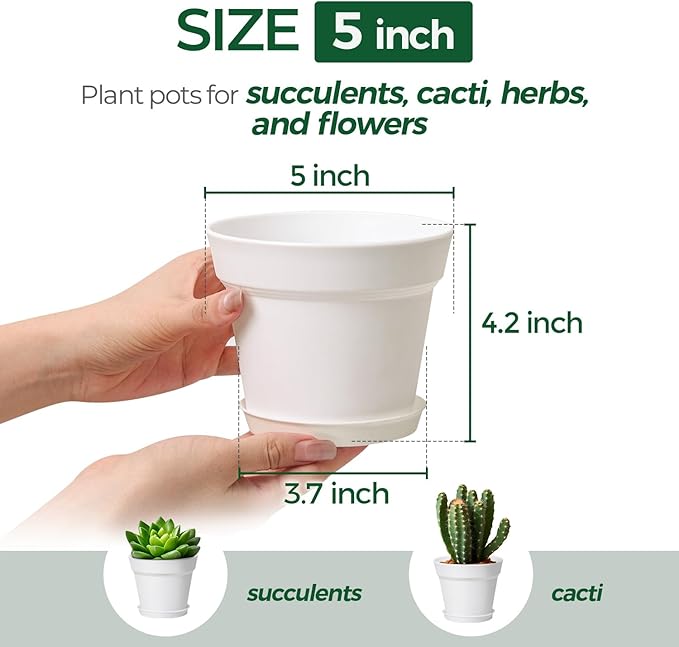 T4U Flower Pots 18-Pack, 5 Inch Plant Pot with Saucer and Drainage Hole, Durable Plastic Flower Pots, Small Pots for Plants, Violet, Succulent and Indoor Plant Decorative (18 Pack 5" Pot, White)