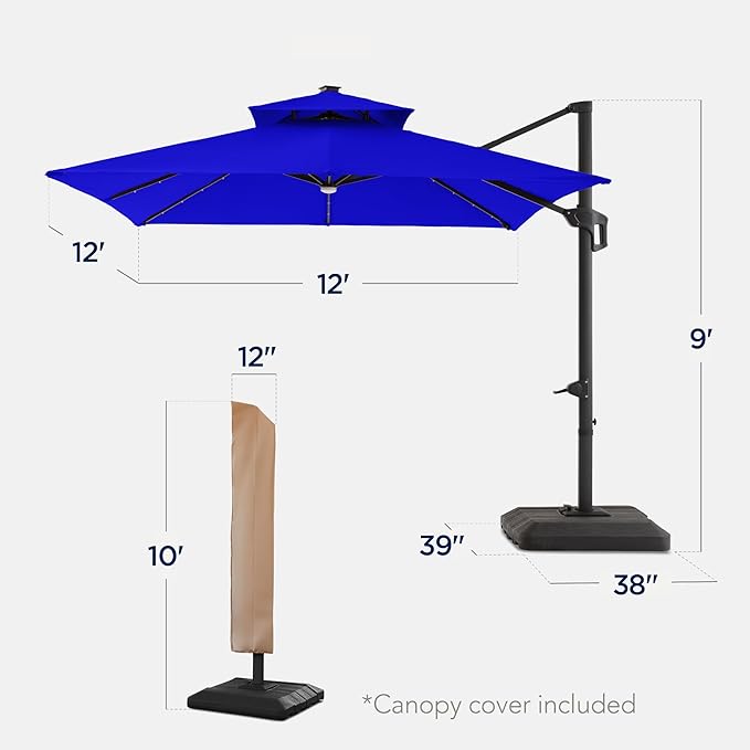 Best Choice Products 12x12ft LED Cantilever Patio Umbrella w/Base Included & 360° Rotation, Large Solar Offset Hanging Outdoor Sun Shade for Deck, Backyard Table w/Stand & Lights – Resort Blue