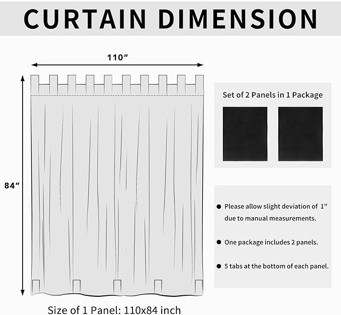 Easy-Going Outdoor Patio Curtains Detachable Tab Top Windproof Weatherproof Curtain for Cabana, Porch, Pergola and Gazebo, Tab Bottom Drape, 2 Panels, 110W x 84L inch, Black