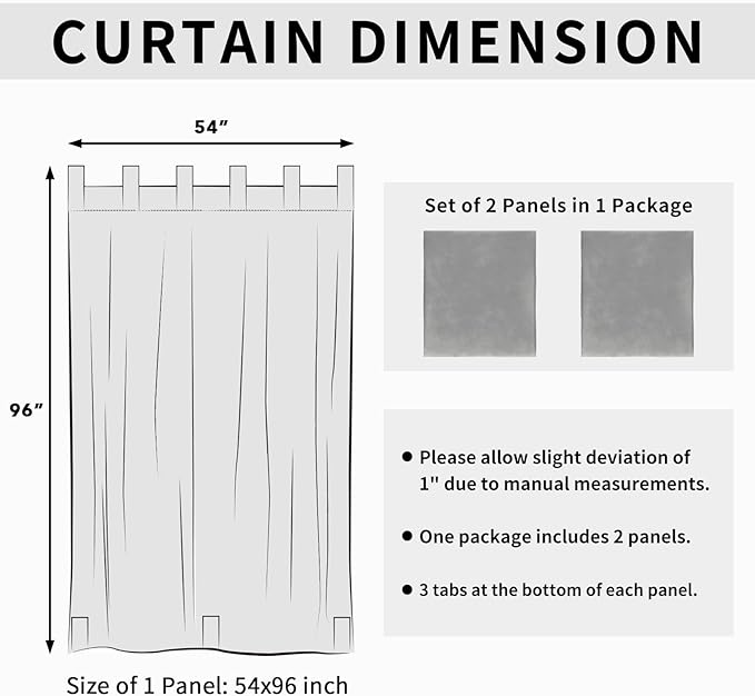 Easy-Going Outdoor Patio Curtains Detachable Tab Top Windproof Weatherproof Curtain for Cabana, Porch, Pergola and Gazebo, Tab Bottom Drape, 2 Panels, 54W x 96L inch, Light Grey