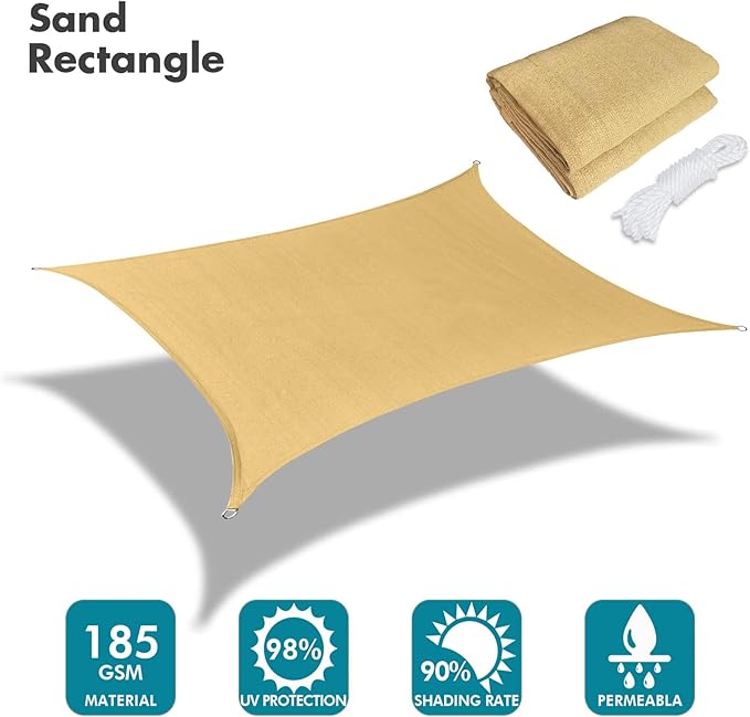 KANAGAWA 10'X12' Sand Custom Size Sun Shade Sail Rectangle UV Block Canopy Cover for Patio Backyard Lawn Garden Outdoor (Customized Available)
