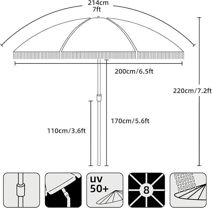 AMMSUN 7ft Patio Umbrella with Fringe Outdoor Tassel Umbrella UPF50+ Premium Steel Pole and Ribs Push Button Tilt, Wave Pink Champagne