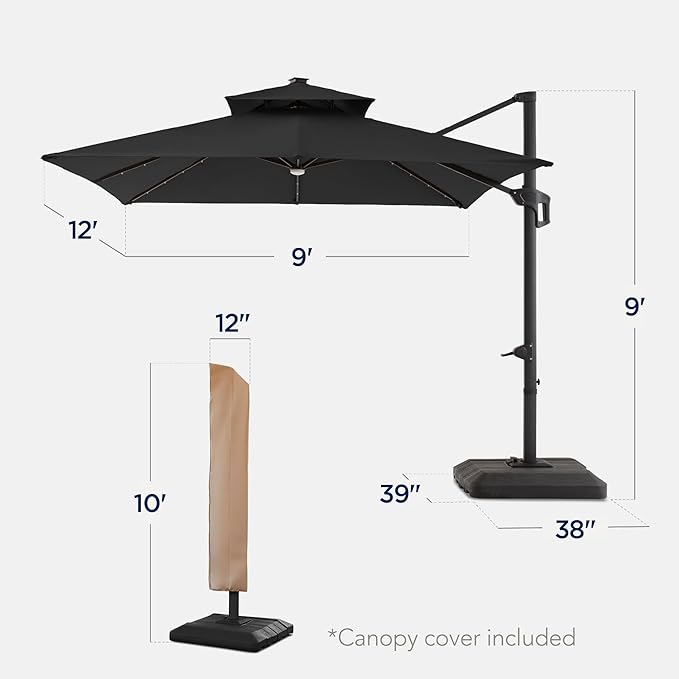 Best Choice Products 9x12ft LED Cantilever Patio Umbrella w/Base Included & 360° Rotation, Large Solar Offset Hanging Outdoor Sun Shade for Deck, Backyard Table w/Stand & Lights – Gray