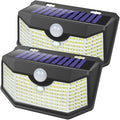 HMCITY 120 LED Outdoor Solar Lights with Motion Sensor and 3 Lighting Modes, IP65 Waterproof Wide Solar Wall Lights Ideal for Garden Patio Yard (Front Button 2Packs, Black Shell-Daylight White)