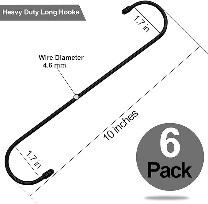 6 Pack 10 inch Extra Large S Hooks Black Heavy Duty Long S Hooks for Hanging Plant Extension Hooks for Kitchenware,Utensils,Pergola,Closet,Flower Basket,Garden,Patio,Indoor Outdoor Uses