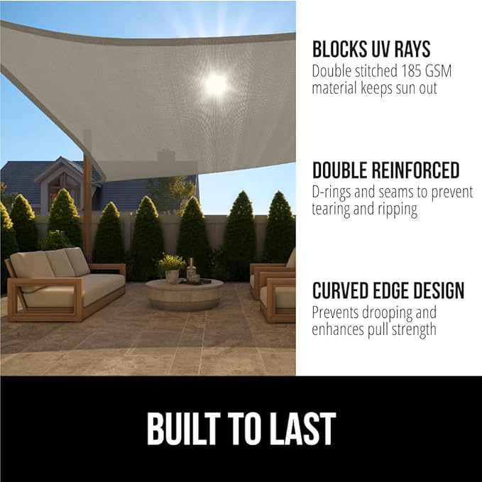 GORILLA GRIP Heavy Duty Sun Shade, UV Protection Fade Tear and Rust Resistant Rectangle Sunshade Canopy, Curved Edges Blocks Sunlight, Breathable Sail, Outdoor Patio, Lawn Garden, 8x10 FT Gray