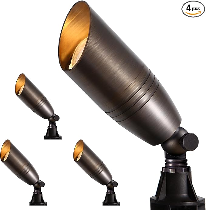 Gardencoin Solid Brass Outdoor Landscape Spotlights, 12V Heavy Duty Low Voltage LED Landscape Lights Waterproof for Garden Uplighting, Bronze Accent Lighting Fixture Without Bulb (Classic, 4 Pack)