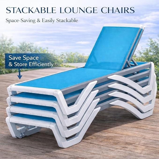 Kozyard Outdoor Chaise Lounge Chair, Full Flat Adjustable Patio Lounger with Aluminum Frame & Resin Legs, Textilene Fabric for Poolside, Backyard & Beach (Aqua/WhiteFrame, Chair Without Table)