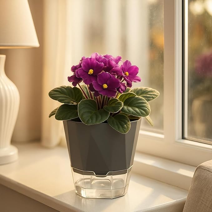 5 Pack Self Watering Pots for Indoor Plants, 6.7 Inches Self Watering Planters African Violet Pots Clear Pots for Herb Orchid Flower Houseplant, Dark Grey