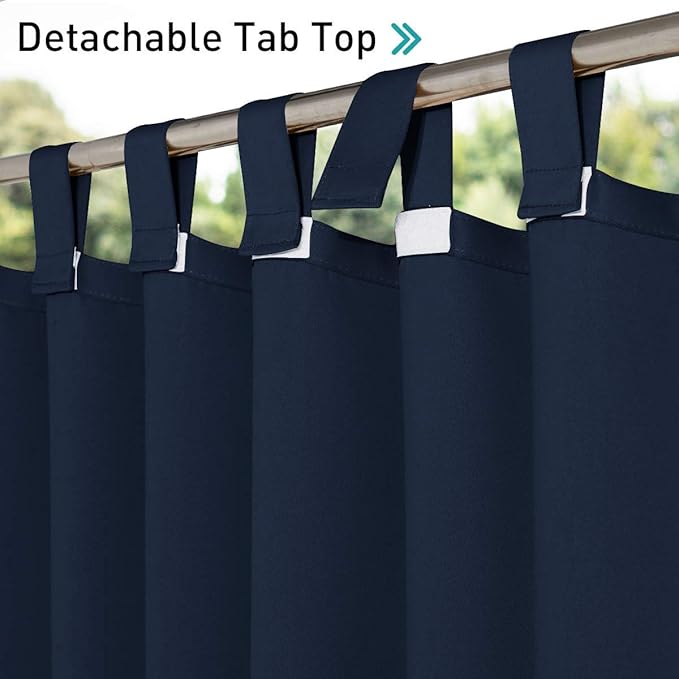 NICETOWN 2 Panels Outdoor Curtainss for Patio Waterproof 84 inch Long, Detachable Tab Top Room Darkening Outdoor Slider Blinds Window Treatment for Shower/Balcony, Navy Blue, 84 inch Wide