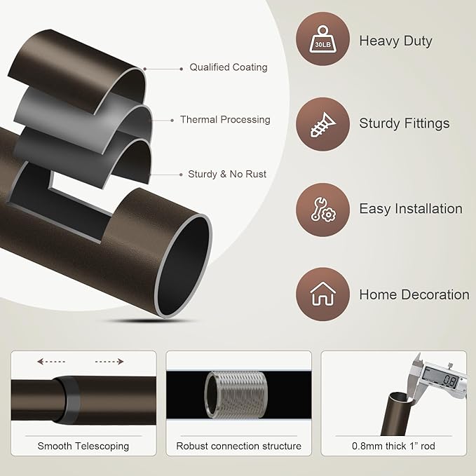 Modern Antique Brown Bronze Curtain Rods for Windows 16 to 60 Inches Adjustable Heavy Duty 1" Diameter Window Curtain Rod with Finials for Outdoor Farmhouse Bedroom Kitchen Living Room