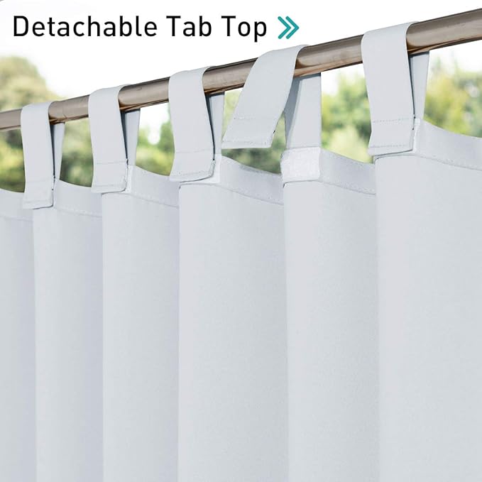 NICETOWN 2 Panels Outdoor Curtainss for Patio Waterproof, Thermal Insulated Detachable Tab Top Sunlight Block Outdoor Dividers Room Darkening for Porch/Yard/Cabana, W84 x L95, Greyish White