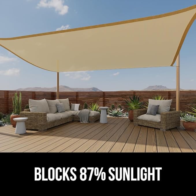 GORILLA GRIP Heavy Duty Sun Shade, UV Protection Fade Tear and Rust Resistant Rectangle Sunshade Canopy, Curved Edges Blocks Sunlight, Breathable Sail, Outdoor Patio, Lawn Garden, 8x12 FT Sand