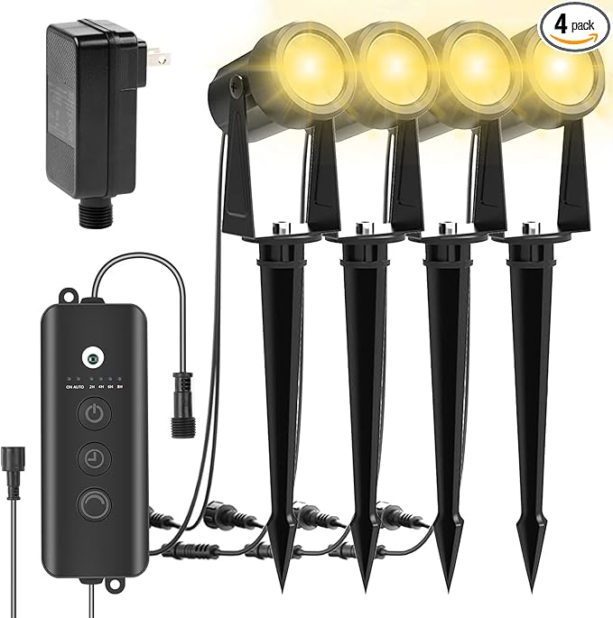 ZYAN Landscape Spotlights with Sensor, 5 Lighting Modes for Brightness Adjustment, Dimmable Timer Auto On Off, Low Voltage Outdoor IP65 Waterproof for Patio Yard Garden Pathway, Warm White (4 Pack)