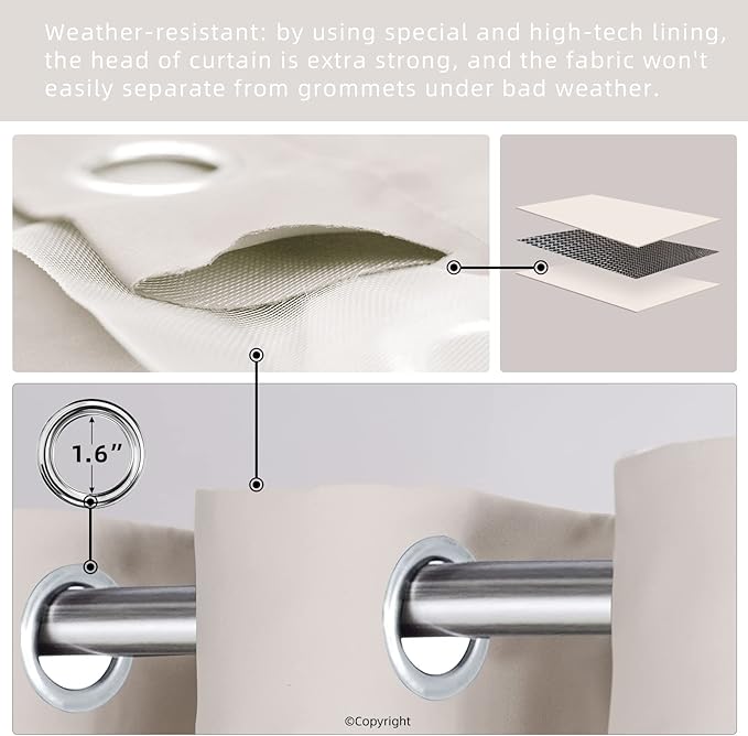 Water Proof Outside Curtains with Grommet Top for Porch, W52 x L120 Thermal Insulated Washable Light Block Outdoor Divider Drapes for Patio Gazebo Deck Pool Area Pergola Cabana (2 Panels)