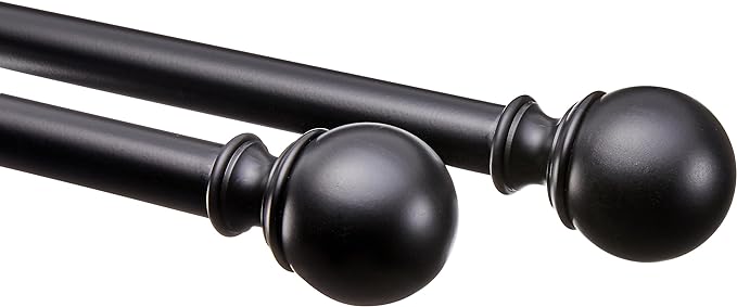 Amazon Basics Adjustable Curtain Rod for Windows, Round Finials, Easy Installation, Sturdy, 1-Inch Rod, 36" to 72", Black, 2-Pack