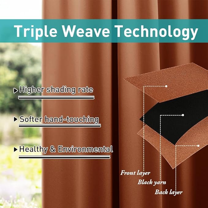 NICETOWN Halloween Outdoor Curtains Weighted for Patio, Thermal Insulated Weight Heavy Windbreak Top and Bottom Rustproof Grommet Sun/Rain Protect Drapes for Porch, W52 by L84, Burnt Orange