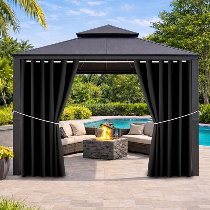 Water Proof Outside Curtains with Grommet Top for Porch, W84 x L120 Thermal Insulated Washable Light Block Outdoor Divider Drapes for Patio Gazebo Deck Pool Area Pergola Cabana (Black)