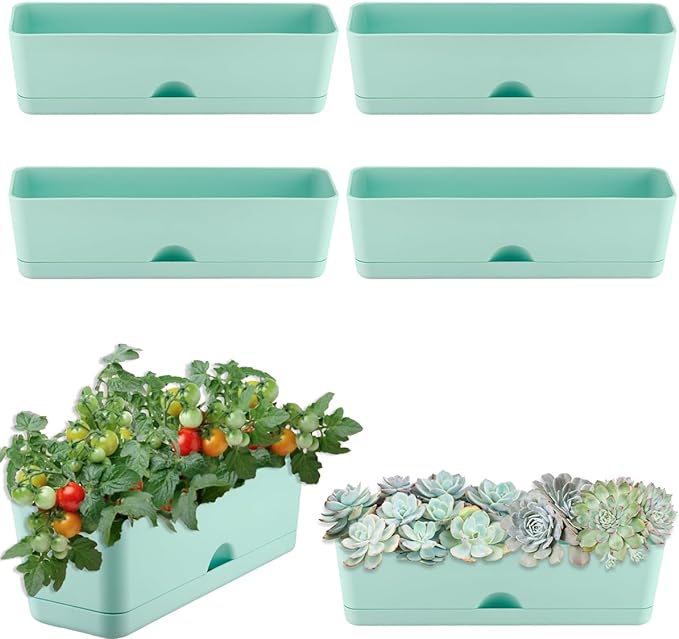 6 Pack Rectangle Planter 16x4.4 Inch Window Boxes Planters Rectangular Large Window Sill Planters Indoor Self Watering Plant Pots with Drainage Holes and Saucers Succulent Herb Flower Pots, Blue
