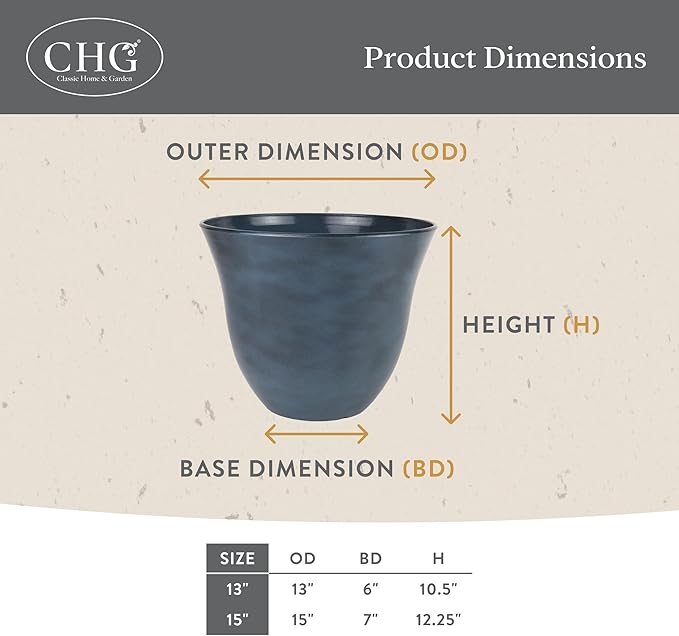 Classic Home and Garden Honeysuckle Resin Planters - Lightweight Indoor & Outdoor Plant Pots - UV-Resistant Plastic Flower Pots - Pot Planters for Flowers & Herbs (15" Fossil)