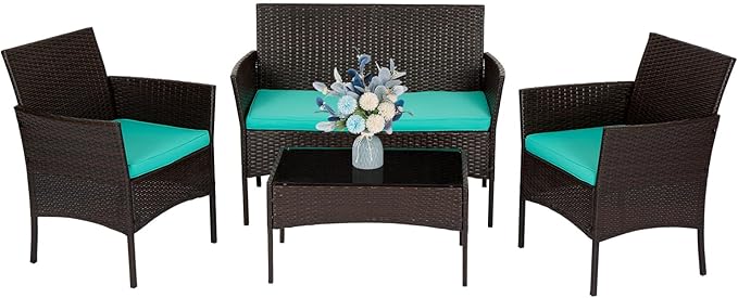 FDW | 4-Piece Patio Furniture Set | Brown & Blue | Outdoor Wicker Furniture with Coffee Table | Modern Rattan Chairs Conversation Set | Outdoor Seating | Weather-Resistant | for Porch, Garden, Lawn