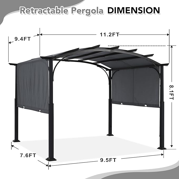 MASTERCANOPY 10x12ft Outdoor Retractable Pergola with Sun Shade Canopy Patio Metal Garden Pergola,Dark Grey