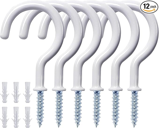 12 Pcs Ceiling Hooks for Hanging Plants, Cups, Utensils and Christmas String Lights, 1-1/4 inch Vinyl Coated Screw-in Plant and Cup Hooks for Wooden and Drywall with Anchors - White