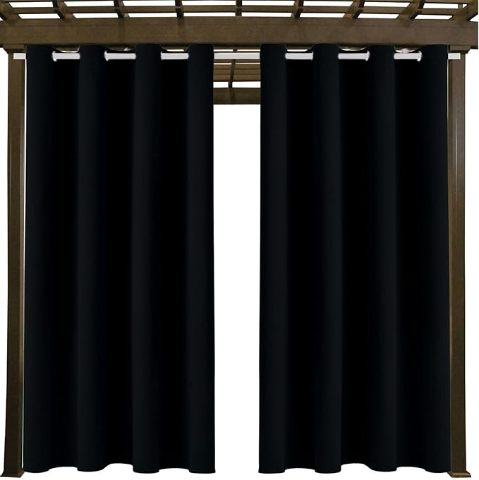 Outdoor Indoor Curtains W52 x L108 for Patio Weather-resistant Window Panels Privacy Protect Grommet Top Thermal Insulated Home Curtain for Porch Lawn Garden Hot Tub Area (Black, 2 Panels)