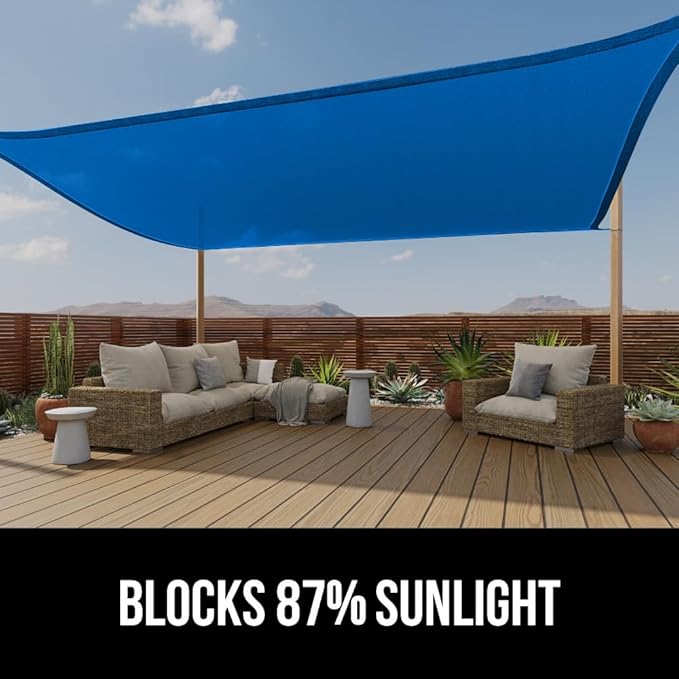 GORILLA GRIP Heavy Duty Sun Shade, UV Protection Fade Tear and Rust Resistant Rectangle Sunshade Canopy, Curved Edges Blocks Sunlight, Breathable Sail, Outdoor Patio, Lawn Garden 10x13 FT Blue