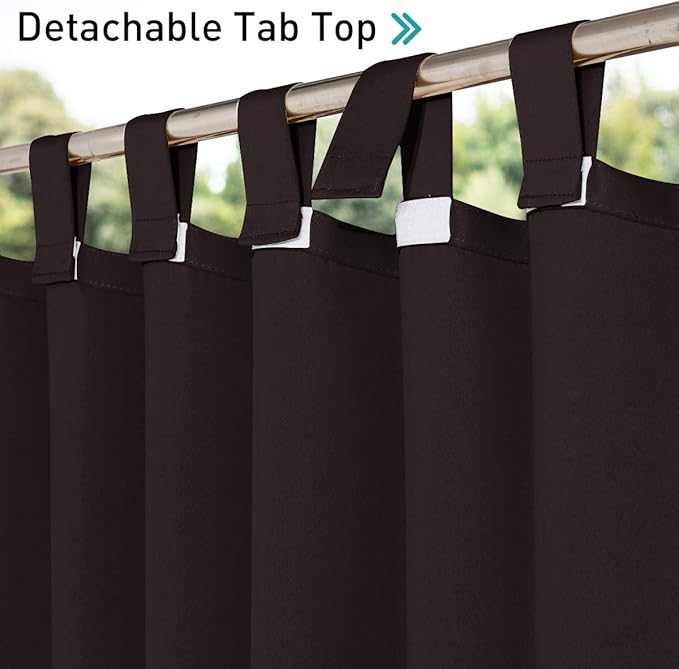 NICETOWN 2 Panels Weatherproof Patio Outdoor Curtains Weighted Blackout, Self-Stick Tab Top Gazebo Drape Water-Proof Privacy Panel for Indoor & Outdoor Divider, W52 x L84, Toffee Brown