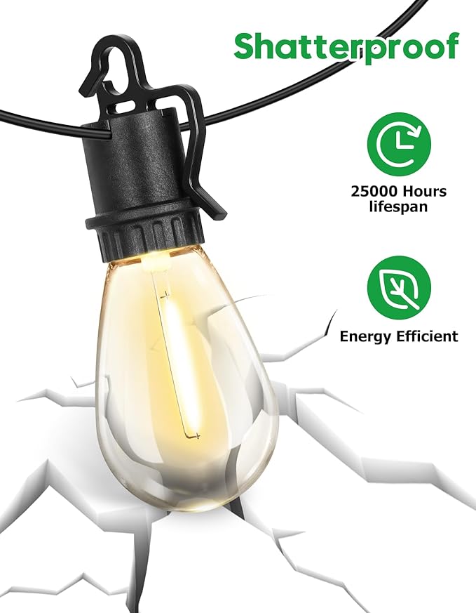 100FT Outdoor String Lights with 52 Shatterproof S14 Vintage Edison Bulbs E12 Sockets,2700K Dimmable Outdoor Lights,IP55 Waterproof LED String Lights for Outside, Patio, Garden, Backyard,Bistro