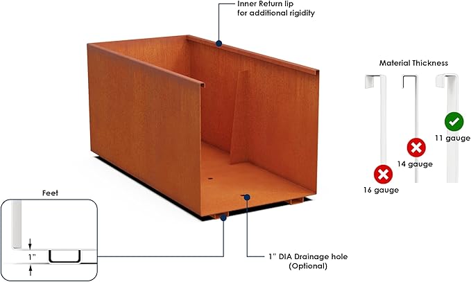 Plantercraft Large Rectangular Planters for Outdoor Plants - 24x12x12 Corten Steel Raised Garden Bed | Large Outdoor Planter Box for Patio, Deck & Landscape | Heavy Duty Metal Planter