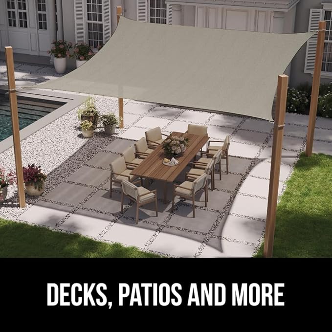 GORILLA GRIP Heavy Duty Sun Shade, UV Protection Fade Tear and Rust Resistant Rectangle Sunshade Canopy, Curved Edges Blocks Sunlight, Breathable Sail, Outdoor Patio, Lawn Garden 10x10 FT Gray