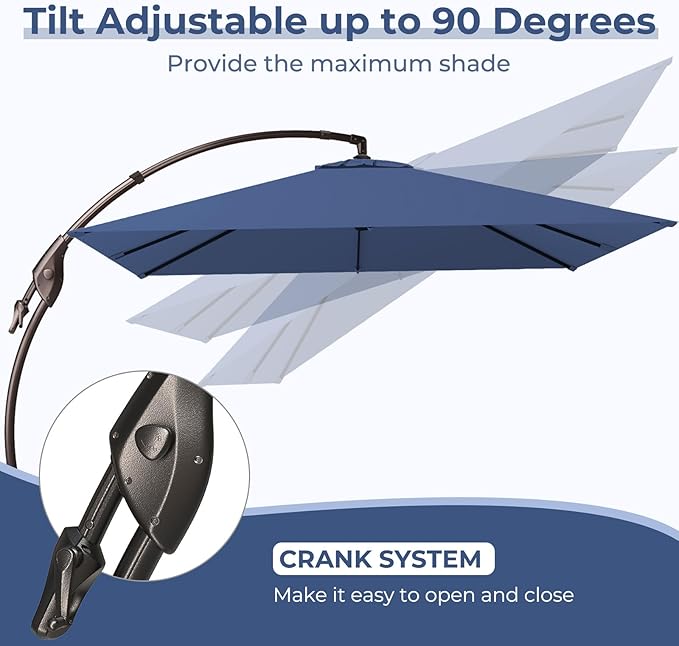 Grand patio 10x10 FT Patio Cantilever Umbrella with Base Outdoor Large Square Tilting Offset Umbrellas for Poolside Deck (Navy Blue, 10x10 FT)