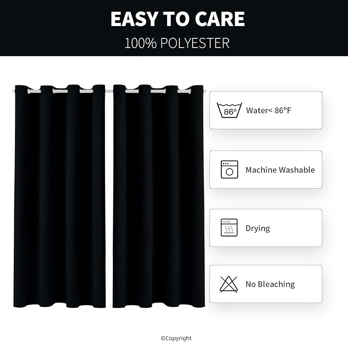 Outdoor Indoor Curtains W52 x L108 for Patio Weather-resistant Window Panels Privacy Protect Grommet Top Thermal Insulated Home Curtain for Porch Lawn Garden Hot Tub Area (Black, 2 Panels)