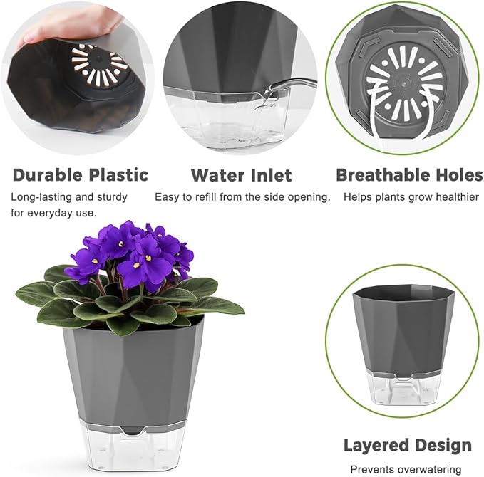 2 Pack Self Watering Plant Pots 8.4" Self Watering Planters for Indoor and Outdoor Plants African Violet Self Watering Clear Pots for Plants Large Herb Orchid Flower Houseplant Pots, Dark Grey