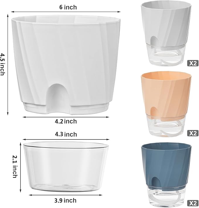 KIMCHOMERSE Self Watering Plant Pots, 6 Inch Plant Pots 6-Pack Indoor Planter Pots with Drainage Holes and Tray for Home Decor（2White, 2Pink, 2Blue）