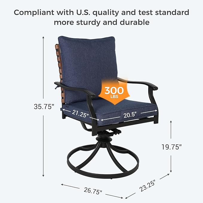 Grand patio 5-Piece Outdoor Dining Set, 4 Leather-Look Wicker Blue Swivel Patio Chairs & 1 Expandable Dining Table, Black